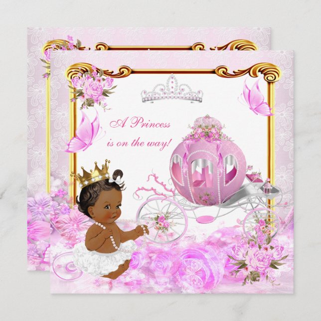 Princess Baby Shower Pink Gold Carriage Ethnic Invitation (Front/Back)