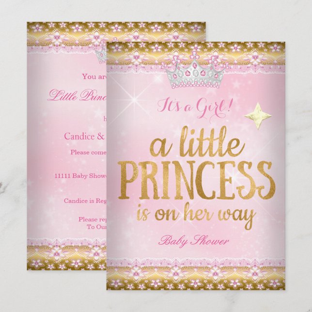 Princess Baby Shower Pink Gold Foil Lace Tiara Invitation (Front/Back)