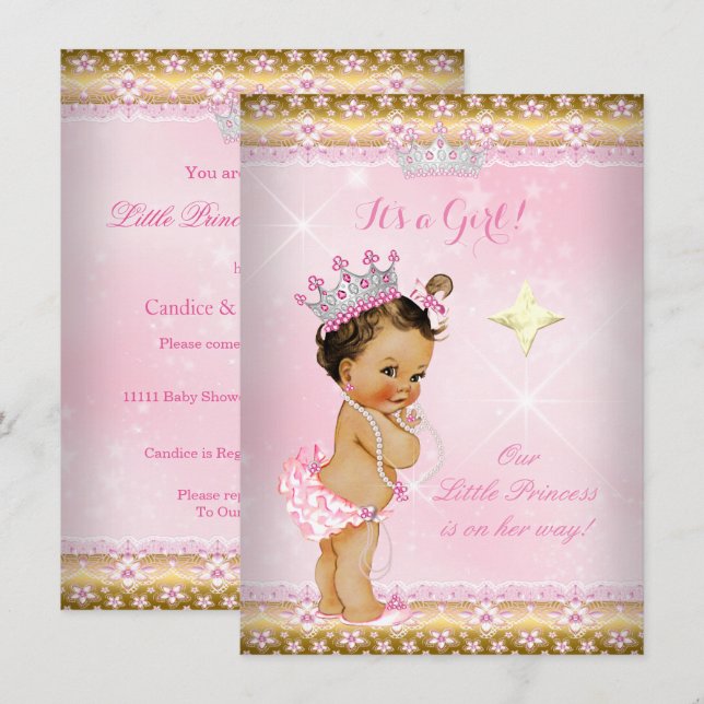 Princess Baby Shower Pink Gold Lace Tiara Brunette Invitation (Front/Back)