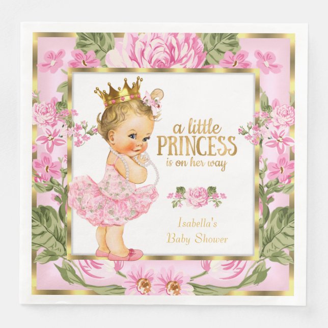Princess Baby Shower Pink Gold Rose Floral Blonde Napkin (Front)
