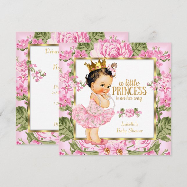 Princess Baby Shower Pink Gold Rose Floral Invitation (Front/Back)