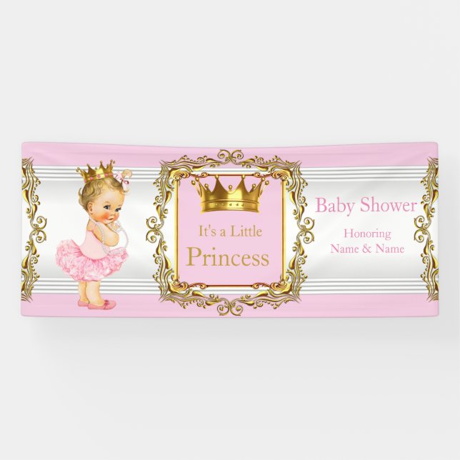 Princess Baby Shower Pink Gold White Blonde Baby Banner (Horizontal)