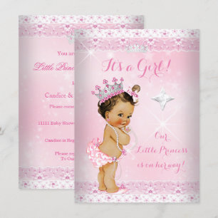 Princess Baby Shower Pink Lace Tiara Brunette Invitation