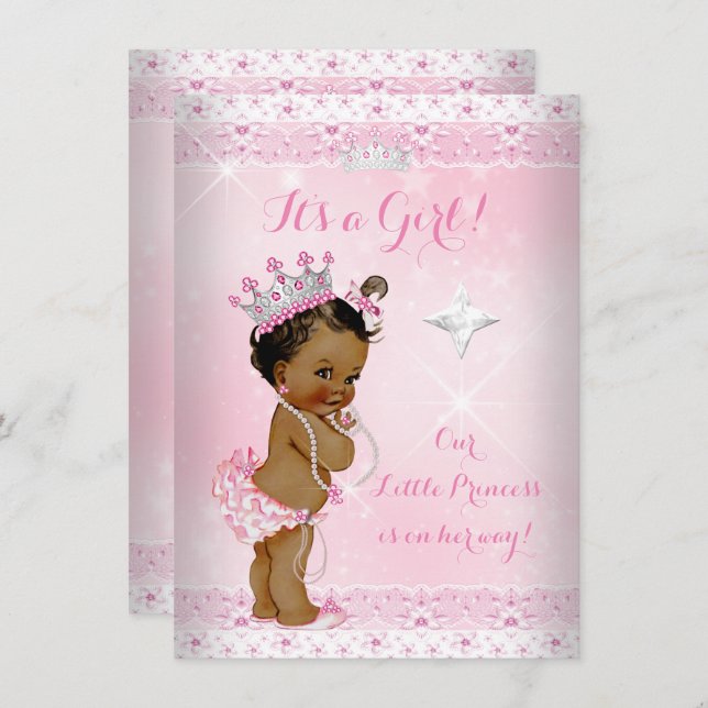 Princess Baby Shower Pink Lace Tiara Ethnic Invitation (Front/Back)