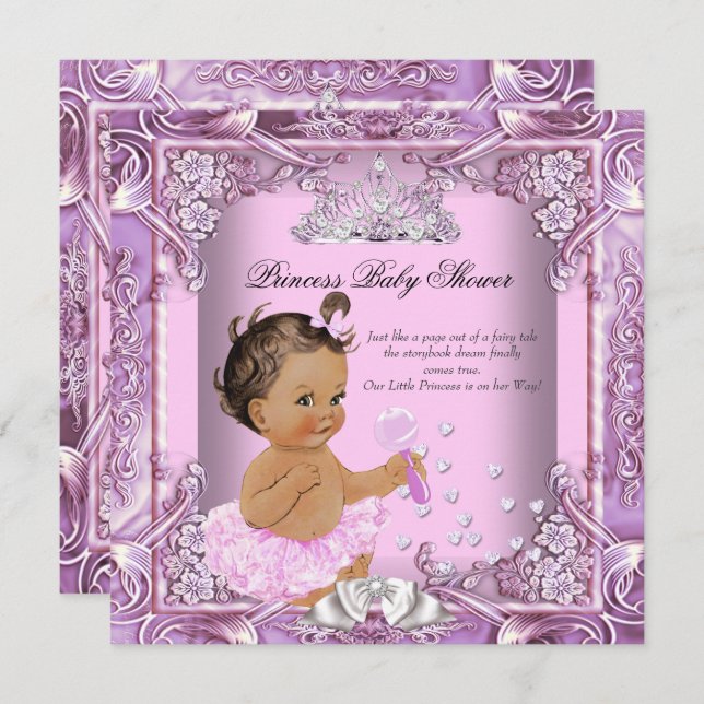 Princess Baby Shower Pink Purple Tutu Brunette Invitation (Front/Back)