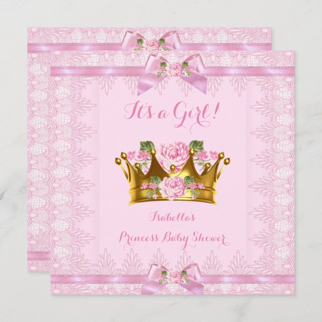 Princess Baby Shower Pink Rose Lace Bow Invitation (Front/Back)