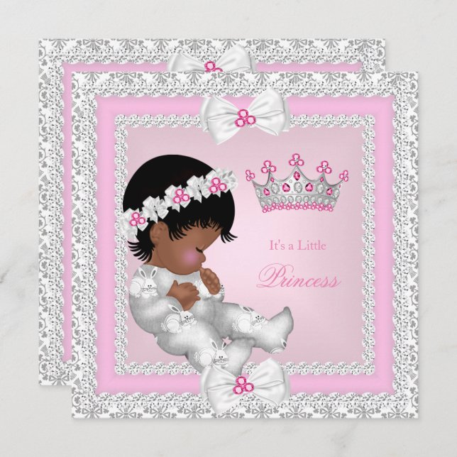 Princess Baby Shower Pink White Grey Damask Ethnic Invitation (Front/Back)