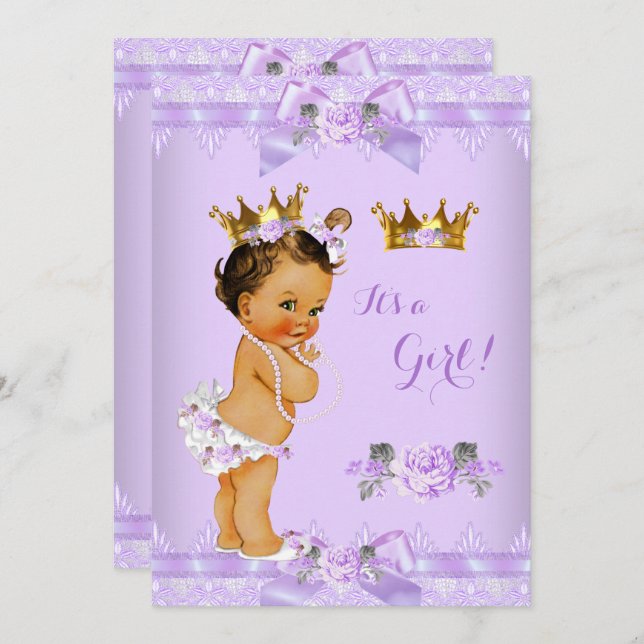 Princess Baby Shower Purple Rose Lace Brunette Invitation (Front/Back)