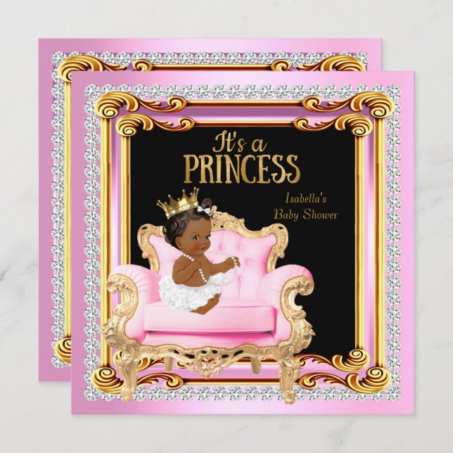 Princess Baby Shower Silver Pink Gold Chair Ethnic Invitation (Front/Back)