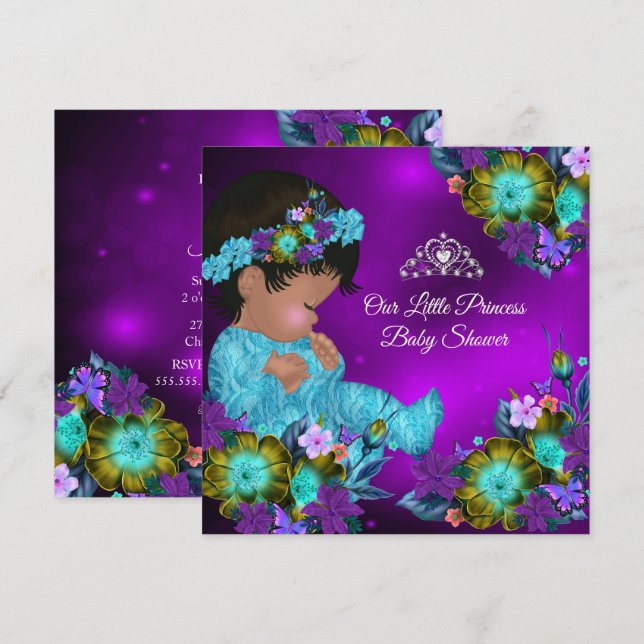 Princess Baby Shower Teal Blue Purple Girl Ethnic Invitation (Front/Back)