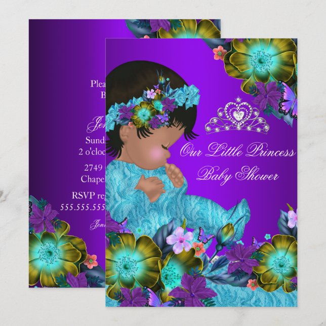 Princess Baby Shower Teal Blue Purple Girl Invite (Front/Back)