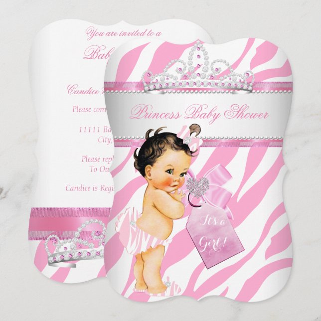 Princess Baby Shower Zebra Pink Brunette Girl Invitation (Front/Back)