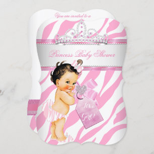 Princess Baby Shower Zebra Pink Brunette Girl Invitation
