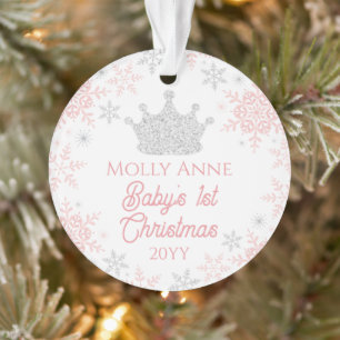 Princess Baby's 1st Christmas Pink Silver Photo Ornament