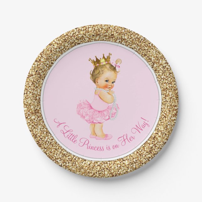 Princess Ballerina Tutu Pink Gold Baby Shower Paper Plate (Front)