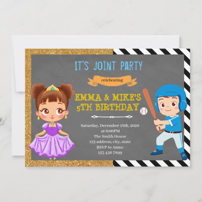 Princess baseball joint party invitation (Front)