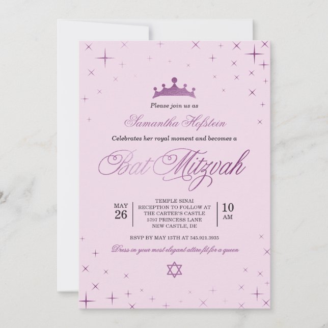 Princess Bat Mitzvah Invitation Royal Crown (Front)