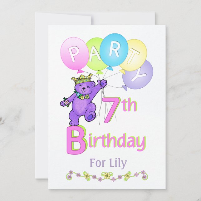 Princess Bear 7th Birthday Party Custom Name Invitation (Front)