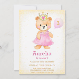 Princess bear pink girl birthday  Invitation