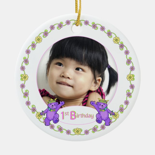 Princess Bears 1st Birthday Photo Keepsake Ceramic Tree Decoration (Front)