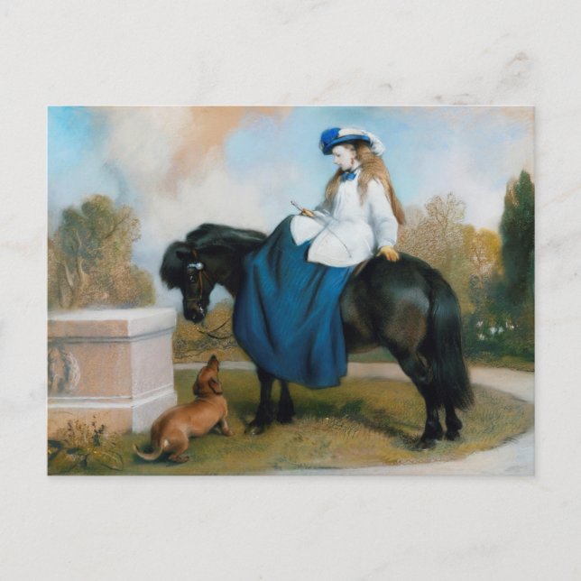Princess Beatrice on horse sidesaddle & dachshund Postcard (Front)