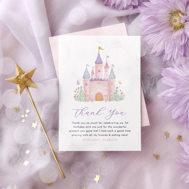 Princess Birthday Castle Enchanted Girls Thank You Card (Princess Castle Thank You Cards | Girl's birthday party cards)