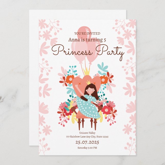 Princess Birthday Invitation, Editable Princess  Invitation (Front/Back)