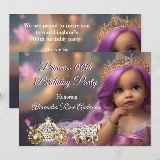 Princess Birthday Party Carriage purple golden 2 Invitation (Front/Back)