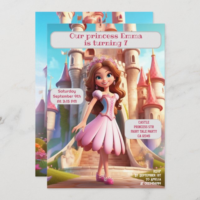 Princess Birthday Party Personalised Name Age Invitation (Front/Back)