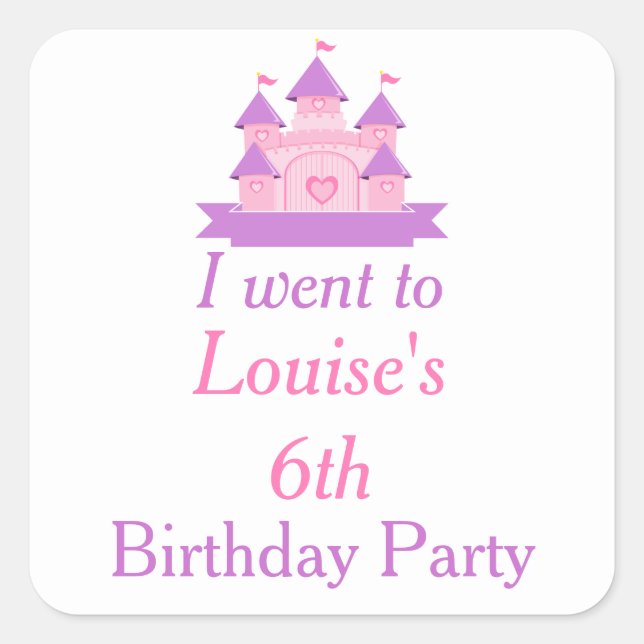 Princess Birthday Party Pink and Purple Square Sticker (Front)