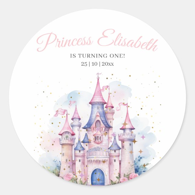 Princess Birthday Party, Princess Castle Birthday Classic Round Sticker (Front)