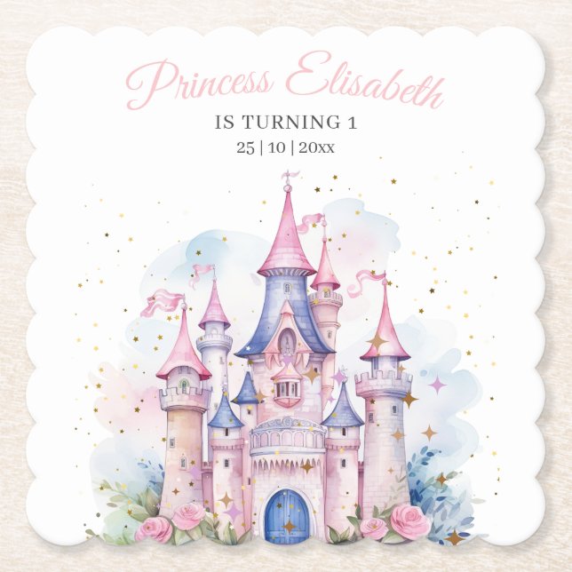 Princess Birthday Party, Princess Castle Birthday Paper Coaster (Front)