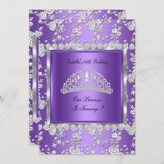 Princess Birthday Party Purple Silver Tiara Invitation (Front/Back)