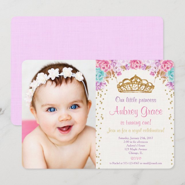 Princess birthday photo pink gold purple invitation (Front/Back)