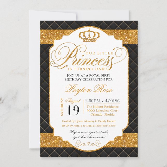 Princess Black & Gold Luxury Birthday Invitation (Front)