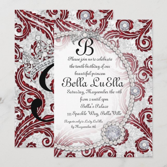Princess Bling Diamond Pearls Party Invitations (Front/Back)