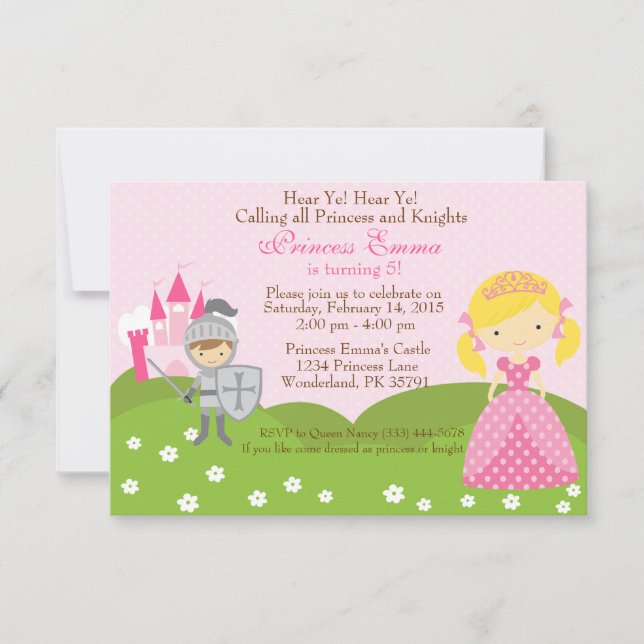 Princess (blonde) and Knight birthday invitation (Front)