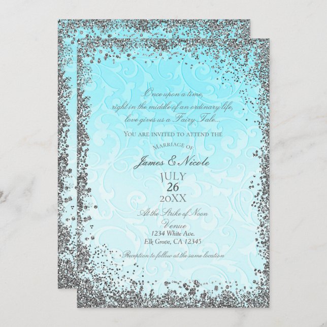 Princess Blue Silver Elegant Storybook Wedding Invitation (Front/Back)
