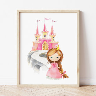 Princess, Brown Hair, Castle, Crown, Girl Nursery Photo Print