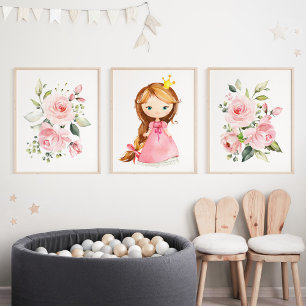 Princess, Brown Hair, Pink Flowers, Girl Nursery