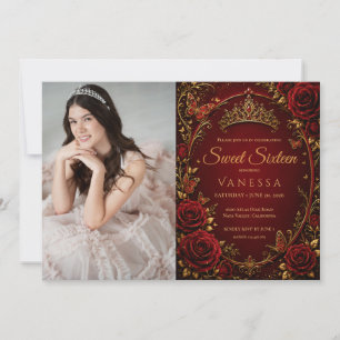 Princess butterflies photo sweet 16 red invitation