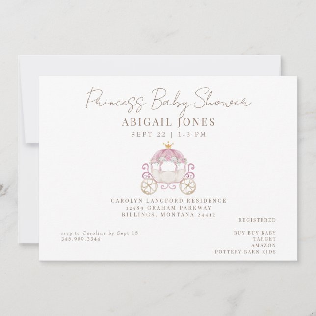 Princess Carriage Baby Shower Invitation (Front)