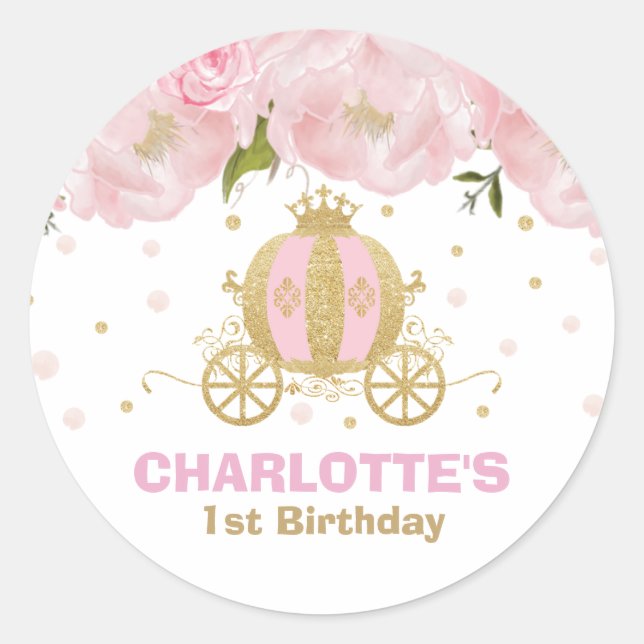 Princess Carriage Floral Pink and Gold Favour Classic Round Sticker (Front)