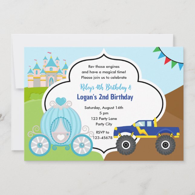 Princess Carriage & Monster Truck Joint Birthday Invitation (Front)