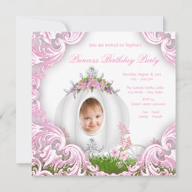 Princess Carriage Photo Birthday Party White Invitation (Front)