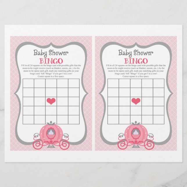 Princess Carriage Pink Baby Shower Bingo Game (Front)
