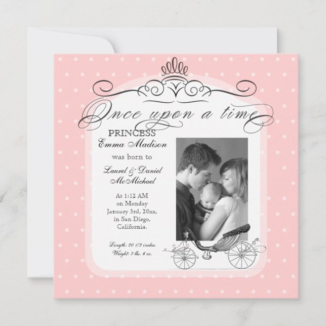 Princess Carriage Polka Dot Swirl Photo Baby Girl Announcement (Front)