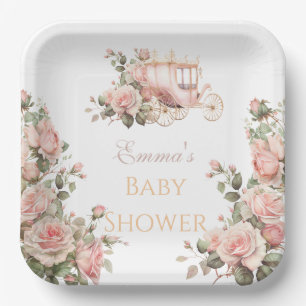 Princess Carriage Vintage Pink Roses Baby Shower Paper Plate
