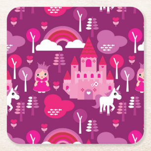 princess castle and unicorn rainbow square paper coaster