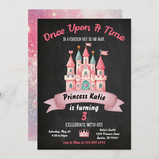 Princess Castle Birthday Invitation Pink Girly (Front/Back)